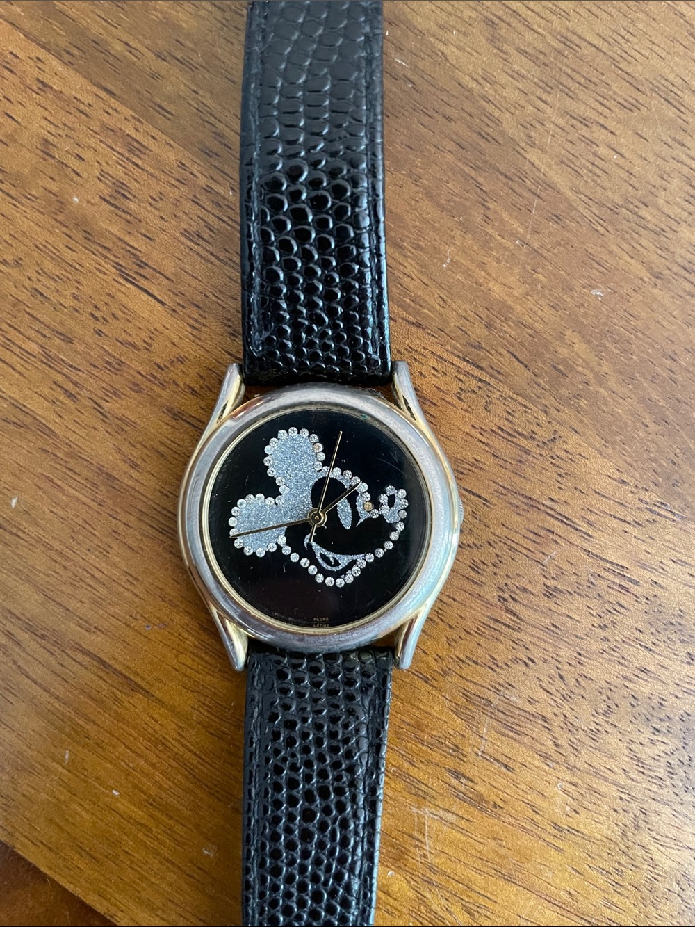 Mickey Mouse Lorus Black Rhinestone Leather Strap Watch